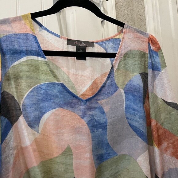 Olivia & Martin Top Womens Size M Tie Front V-Neck Blouse Multicolor 3/4 Sleeves - Picture 2 of 9